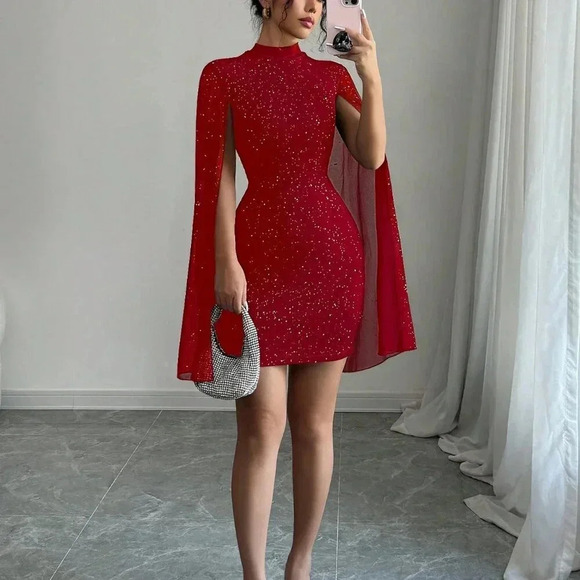 Red Party Women's Fitted Short Casual Mock Neck Flared Sleeve Bodycon Dress - Picture 6 of 7